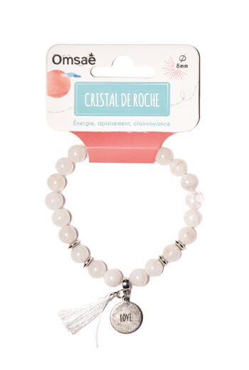 Bracelet Cristal de Roche Perles rondes 8 mm Pompon Breloque Love 3