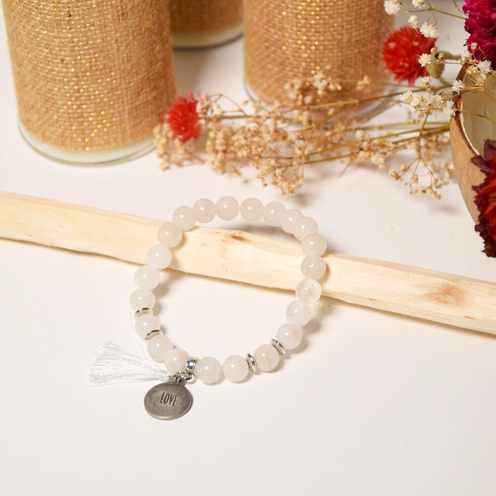 Bergkristall-Armband Runde Perlen 8 mm Pompom Charm Love