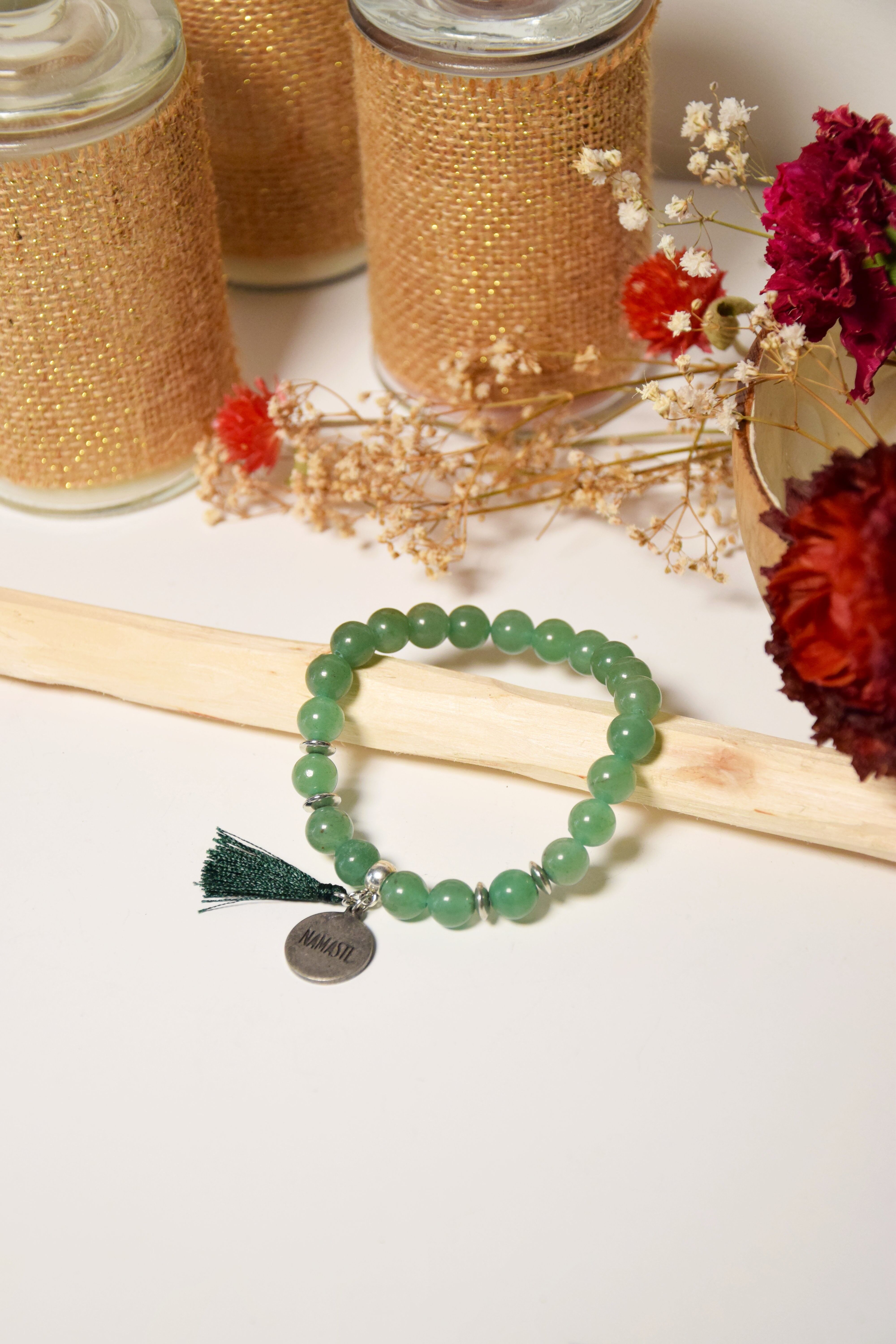 Bracciale Avventurina Verde Perle tonde 8 mm Pompon Charm Namaste