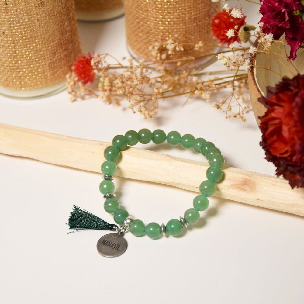 Bracciale Avventurina Verde Perle tonde 8 mm Pompon Charm Namaste