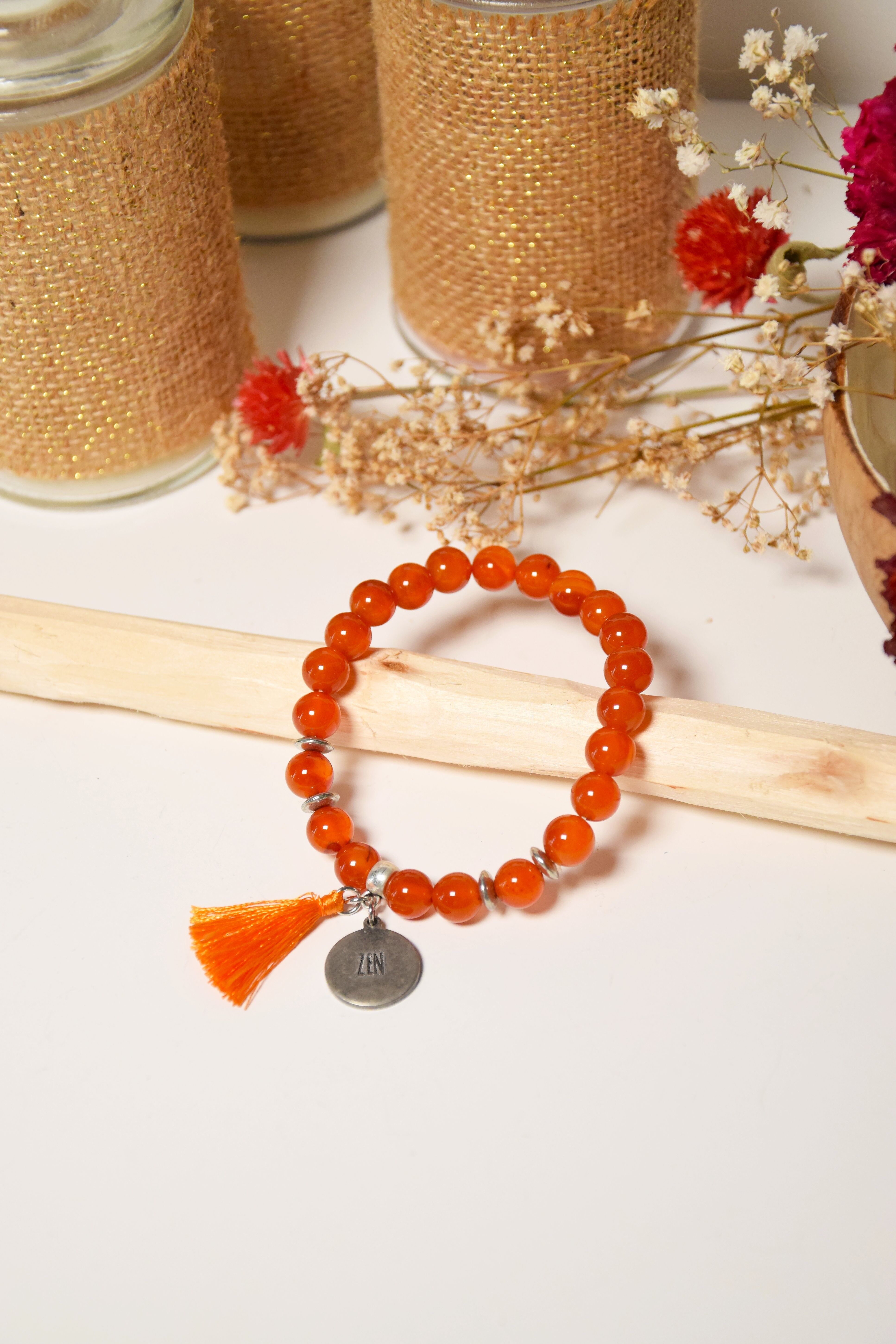 Cornaline Armband 8 mm Runde Perlen Bommel Charme Zen