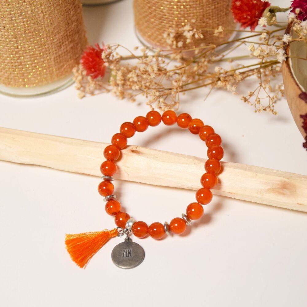 Cornaline Armband 8 mm Runde Perlen Bommel Charme Zen