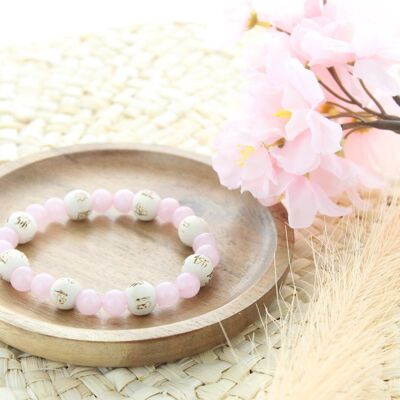 Bracciale in quarzo rosa perline tonde da 8 mm e perline in legno da 1 cm