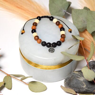 Bracelet Lava Stone Mix Wood Round Beads 8 mm Lotus