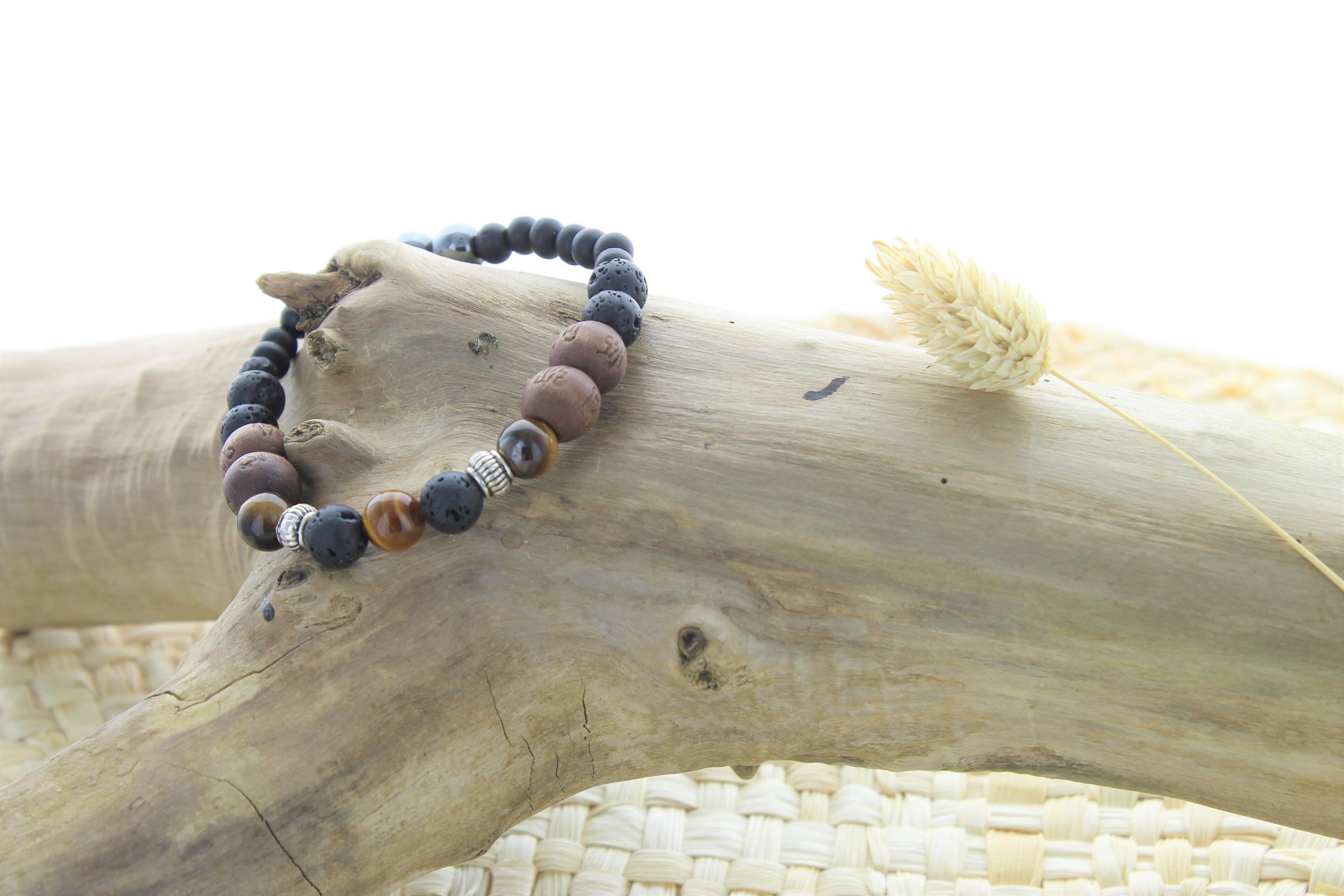 Bracciale Pietra Lavica, Legno, Occhio di Tigre, Perle Tonde di Ematite