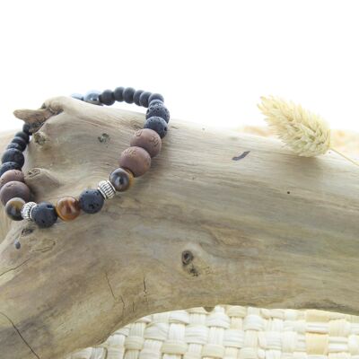 Bracelet Lava Stone, Wood, Tiger Eye, Hematite Round Beads