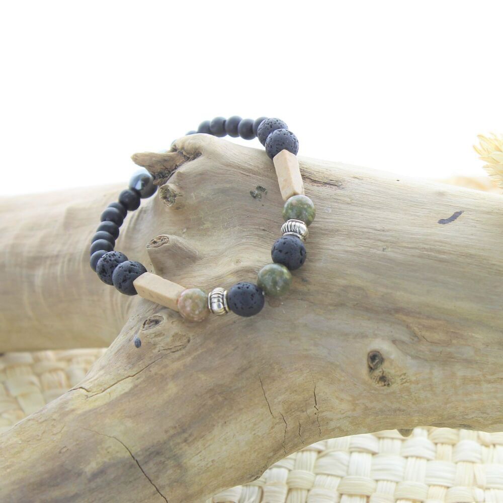 Bracelet Lava stone, Jasper, Wood, Hematite Round beads