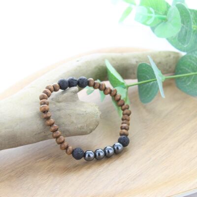 Pulsera Madera, Hematites y Piedra de Lava Cuentas Redondas 8 mm