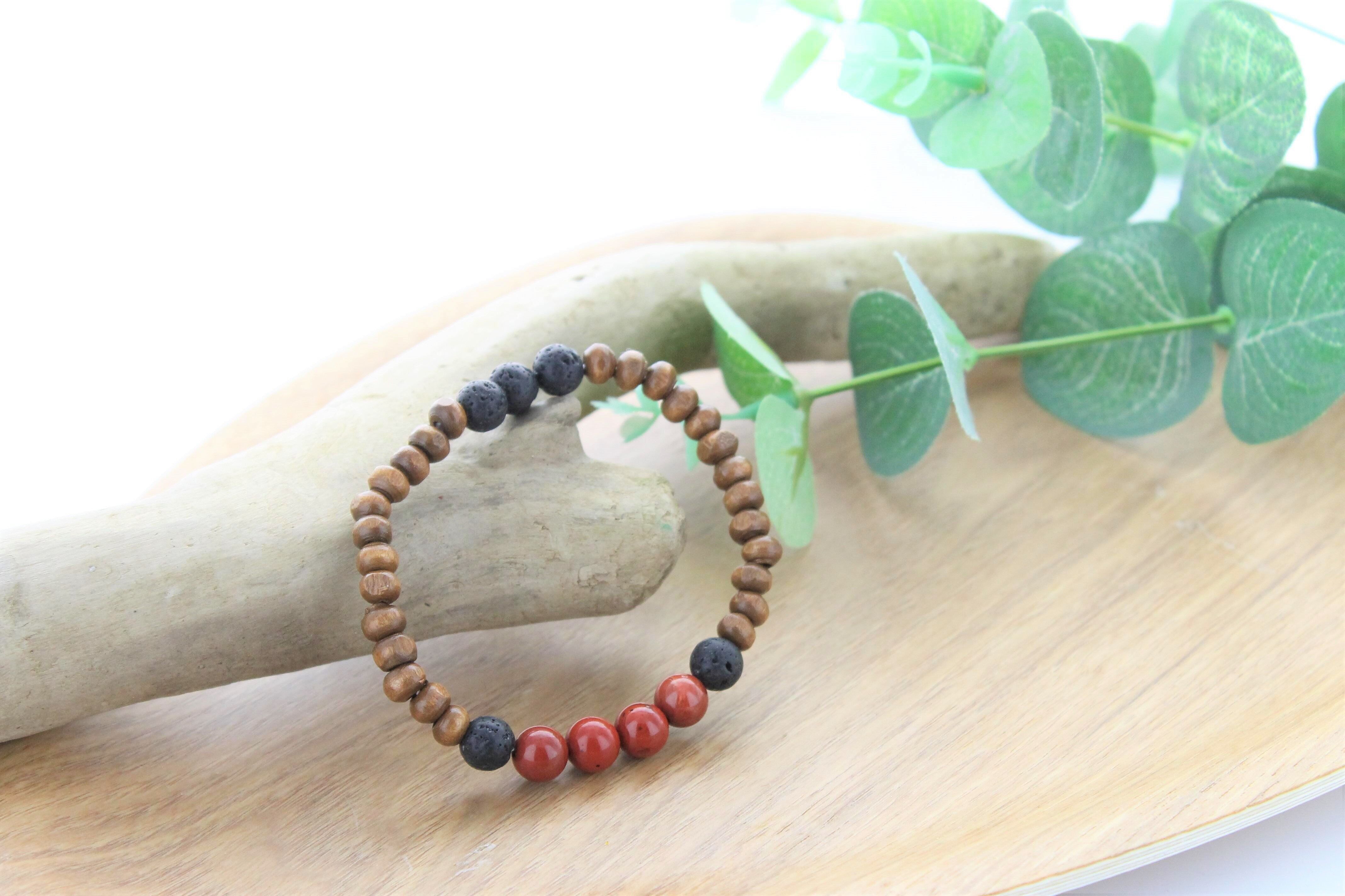 Armband Holz, Roter Jaspis und Lavastein Runde Perlen 8 mm