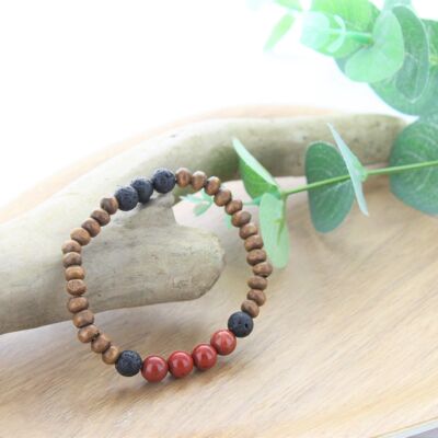 Bracelet Wood, Red Jasper and Lava Stone Round Beads 8 mm