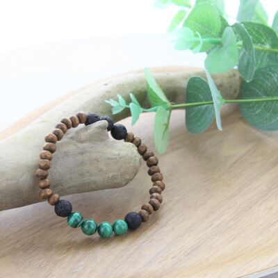 Bracelet Wood, Malachite and Lava stone Round beads 8 mm