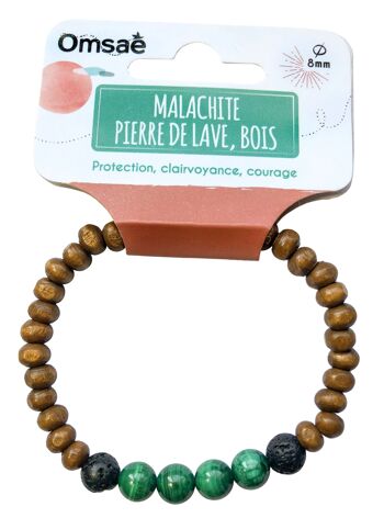 Bracelet Bois, Malachite et Pierre de lave Perles rondes 8 mm 3