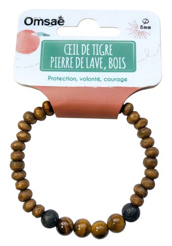 Bracelet Bois, Oeil de Tigre et Pierre de lave Perles rondes 8 mm 3