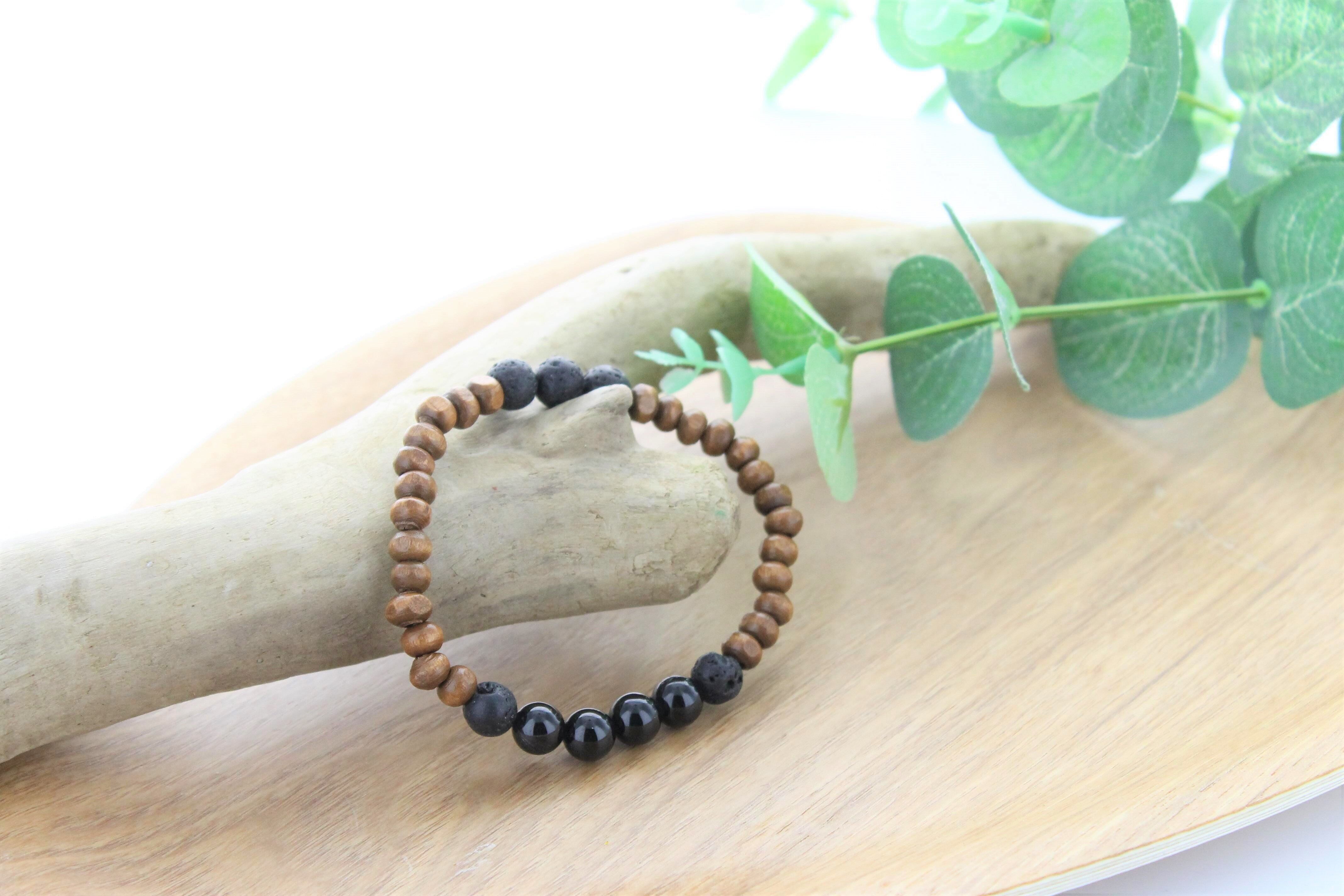 Bracelet Bois, Tourmaline et Pierre de lave Perles rondes 8 mm