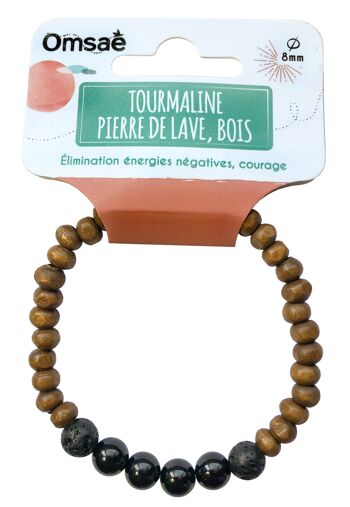 Bracelet Bois, Tourmaline et Pierre de lave Perles rondes 8 mm 3