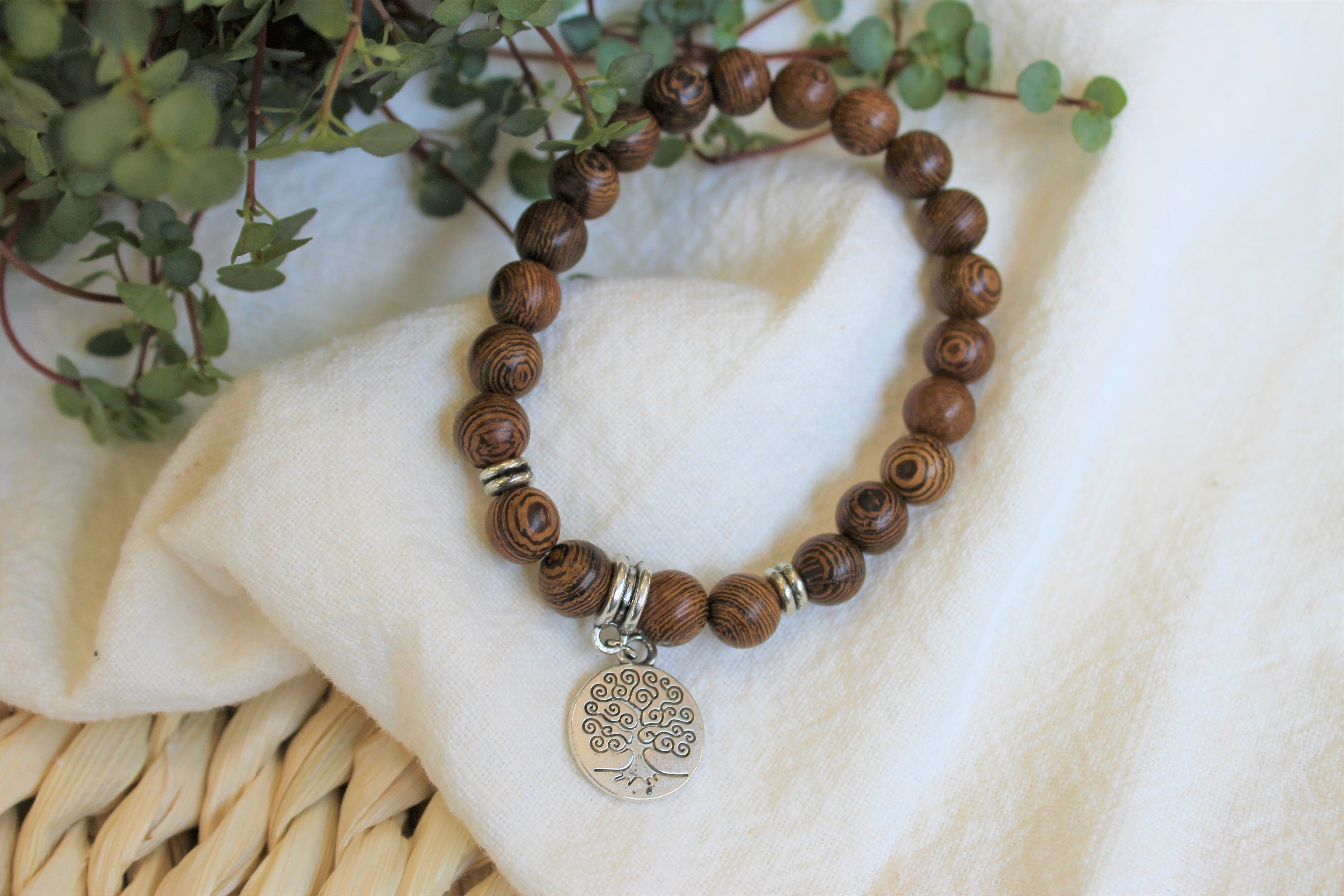 Bracciale Legno e Charms Albero della Vita in Lega di Zinco