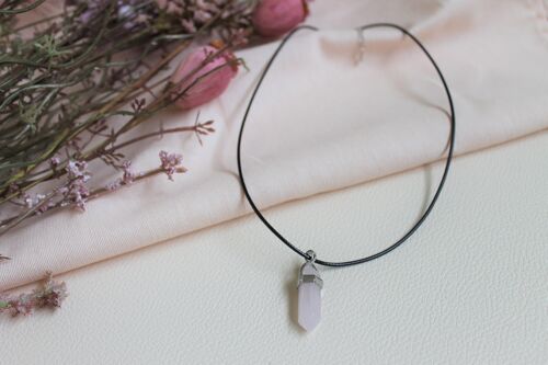 Collier Quartz Rose Pointe Cordon Noir