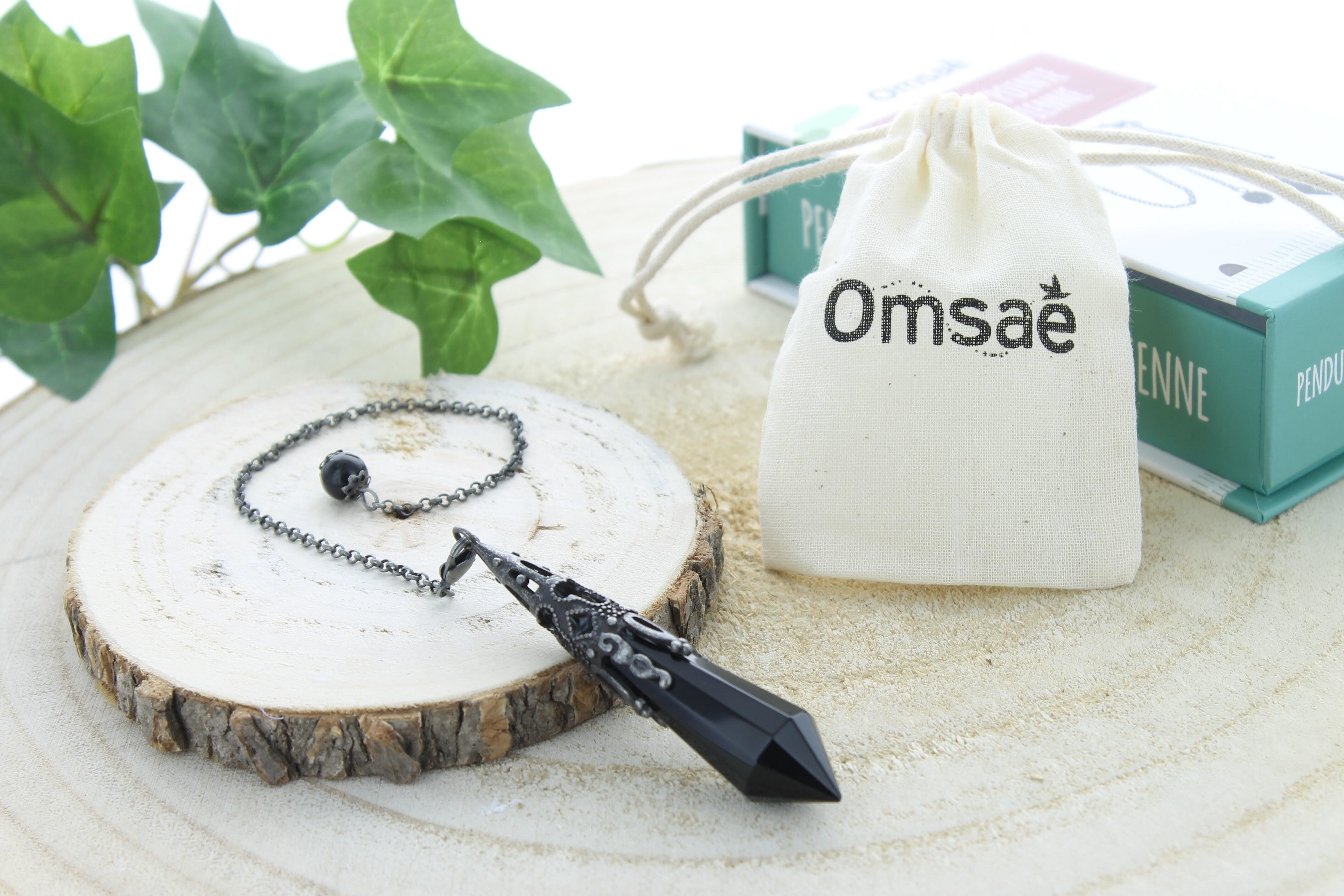 Pendolo a punta di ossidiana nera e strega di design in metallo argento invecchiato