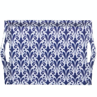 MELAMINE TRAY WITH HANDLES DEC. BLUE ARABESCO _44X31X5CM, INT:35X24.5CM LL6003