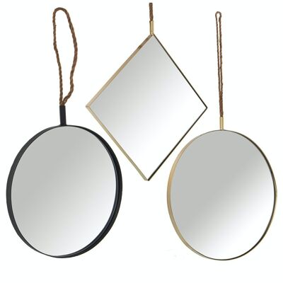 SET 3 MIROIRS MÉTAL DORÉ AVEC CORDE 35X35+40X40+50X50CM LL49718