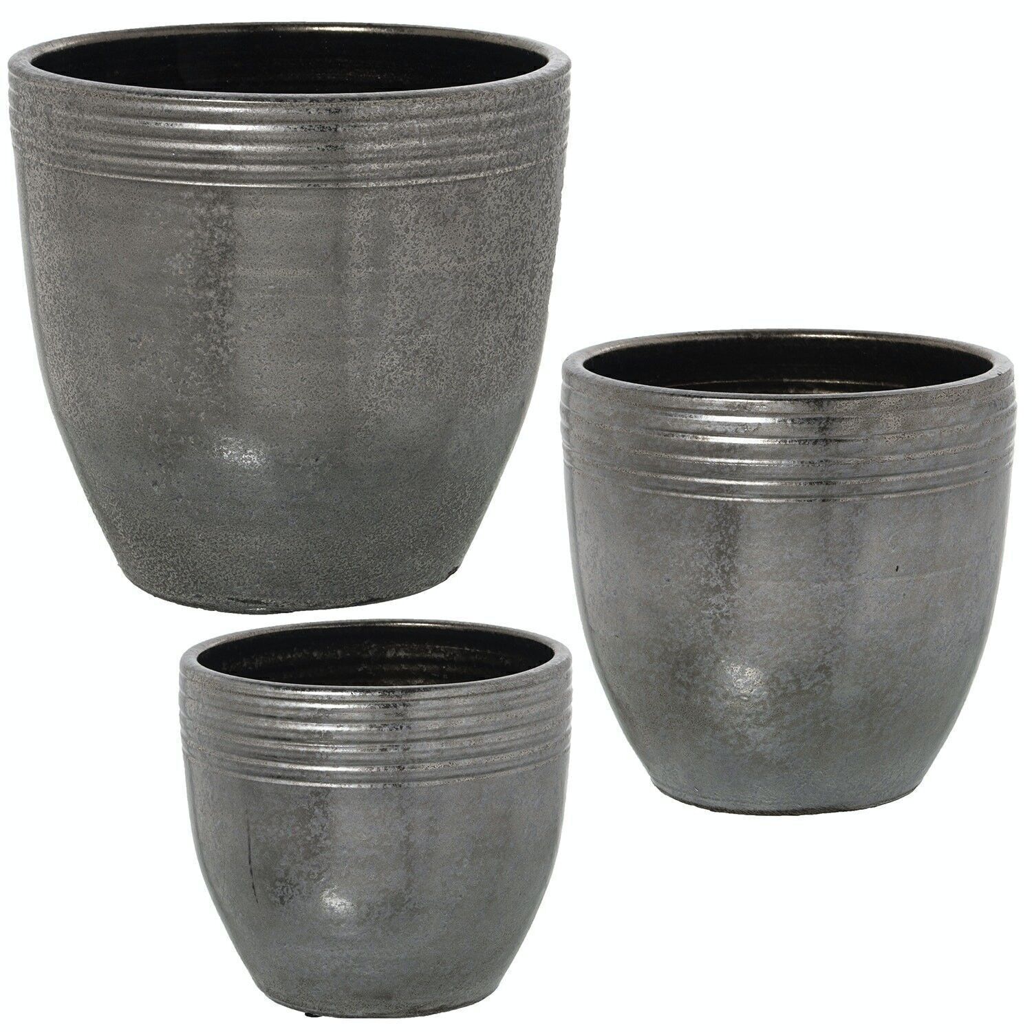 SET 3 FIORIERE IN CERAMICA RIGHE GRIGIO _°18X18CM+°24X23CM+°32X30CM LL60860