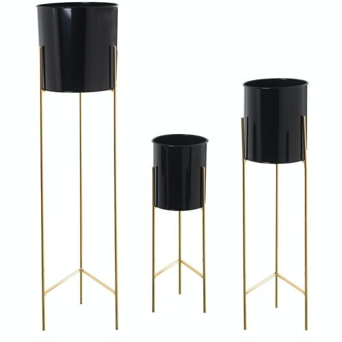 SET 3 MACETEROS METAL NEGRO C/PIE DORADO _°21X93+°18X75+°16X51CM LL60953