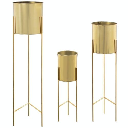 SET 3 MACETEROS METAL DORADO C/PIE DORADO _°21X93+°18X75+°16X51CM LL60955