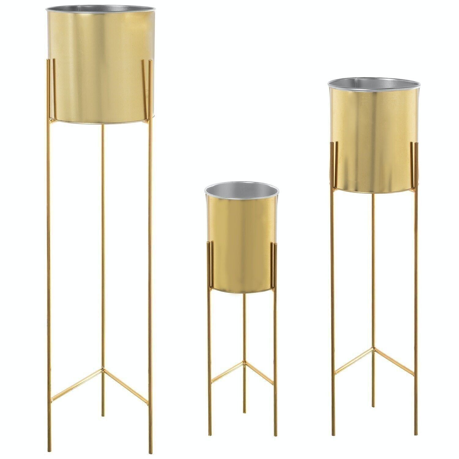 SET 3 GOLDENER METALL-PFLANZTOPF INNENSILBER MIT GOLDENEM FUSS _°21X93+°18X75+°16X51CM LL61215