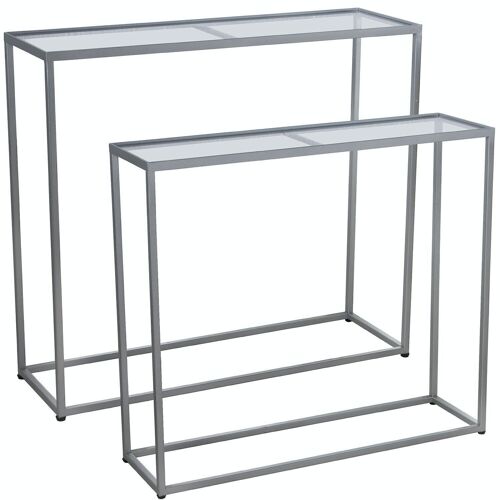 SET 2 MESAS ENTRADA METAL PLATEADO C/CRISTAL TRANSPARENTE _90X28X80+85X24X75CM LL71822