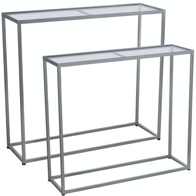SET OF 2 SILVER METAL ENTRANCE TABLES WITH TRANSPARENT GLASS _90X28X80+85X24X75CM LL71822
