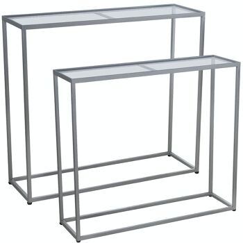 LOT DE 2 TABLES D'ENTRÉE MÉTAL ARGENT AVEC VERRE TRANSPARENT _90X28X80+85X24X75CM LL71822 1