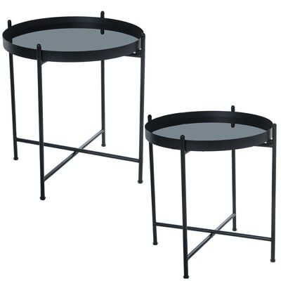 SET 2 TABLES AUXILIAIRES MÉTAL NOIR VERRE _°53X56+°58X62CM LL71848