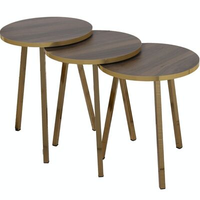 SET 3 MESAS AUX. MADERA PATASMETAL ORO, MADERA COLOR NOGAL _°38X51+°38X48+°38X45CM LL72212