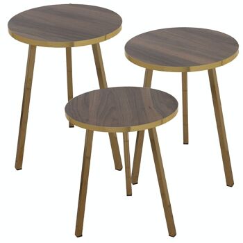 JEU DE 3 TABLES AUX. BOIS MÉTAL DORÉ, BOIS COULEUR NOYER _°38X51+°38X48+°38X45CM LL72212 2