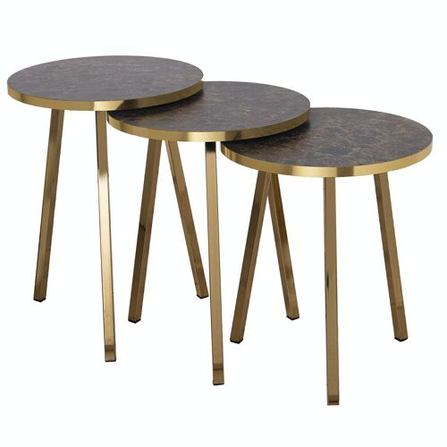 SET 3 MESAS AUX. MADERA PATASMETAL ORO, EFECTO MÁRMOL MARRÓ _°38X51+°38X48+°38X45CM LL72213