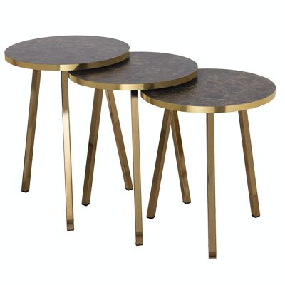 SET 3 AUX TABLES. GOLD METAL WOOD, BROWN MARBLE EFFECT _°38X51+°38X48+°38X45CM LL72213