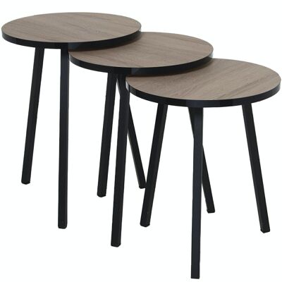 JEU DE 3 TABLES AUX. BOIS PATASMETAL NOIR, BOIS NATUREL _°38X51+°38X48+°38X45CM LL72216