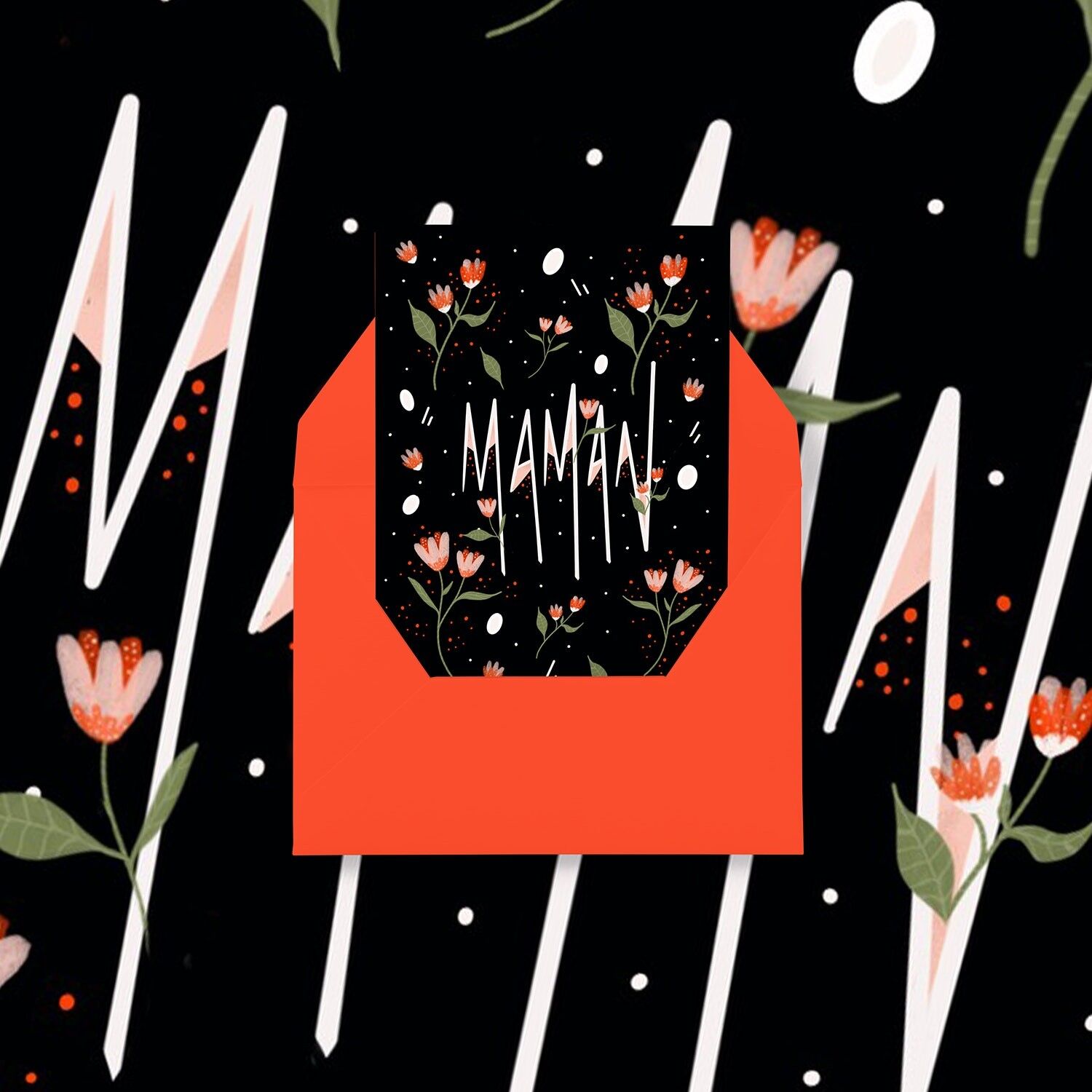 “Maman” – Floral oscuro / Tarjeta francesa del Día de la Madre. Regalo del día de la madre