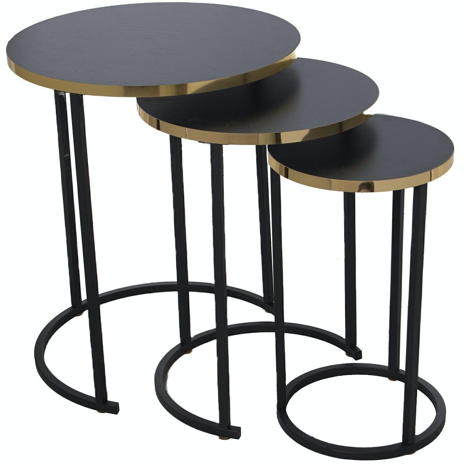 SET 3 AUX TABLES. BLACK WOOD, BLACK METAL LEGS, GOLDEN EDGE _°48X58+°38X52.5+°28X48CM LL72221