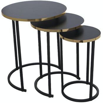 JEU DE 3 TABLES AUX. BOIS NOIR, PIEDS MÉTAL NOIR, BORD DORÉ _°48X58+°38X52.5+°28X48CM LL72221 1