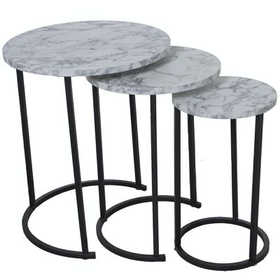 SET 3 AUX TABLES. BLACK METAL WOOD, BLACK MARBLE EFFECT _°48X58+°38X52.5+°28X48CM LL72222