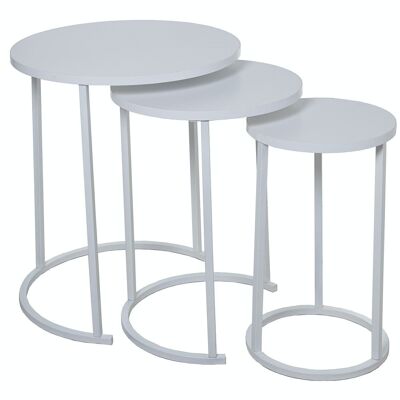 SET 3 AUX TABLES. WHITE METAL LEG WOOD, WHITE WOOD _°48X58+°38X52.5+°28X48CM LL72224