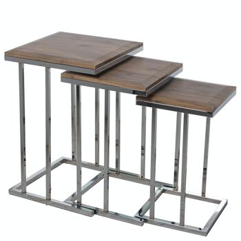 JEU DE 3 TABLES AUX. BOIS MÉTAL CHROME, PANNEAU BISEAU _40X40X60+35X35X56+29X29X50CM LL72227 1