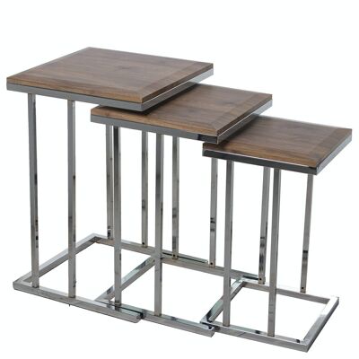 SET 3 MESAS AUX. MADERA PATASMETAL CROMADO, TABLERO BISELA _40X40X60+35X35X56+29X29X50CM LL72227