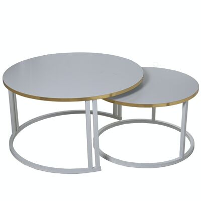 SET OF 2 WHITE WOOD COFFEE TABLES WHITE METAL LEGS _°80X43+°60X38CM, GOLDEN EDGE LL72236