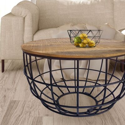 Round coffee table sustainable Lexington ø 75 cm metal mesh wire frame solid wood living room table