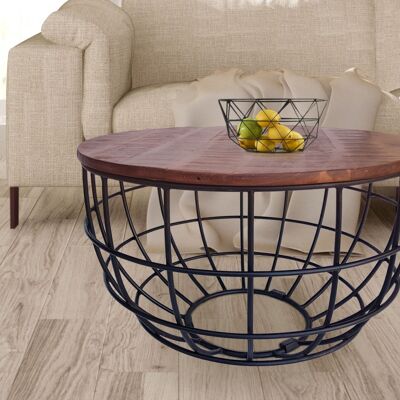 Round coffee table sustainable Lexington ø 75 cm metal mesh wire frame solid wood living room table