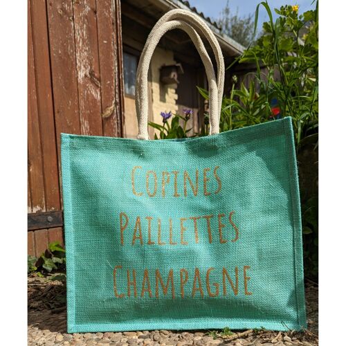 sac jute couleur "Copines, paillettes, champagne"