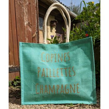 sac jute couleur "Copines, paillettes, champagne" 3