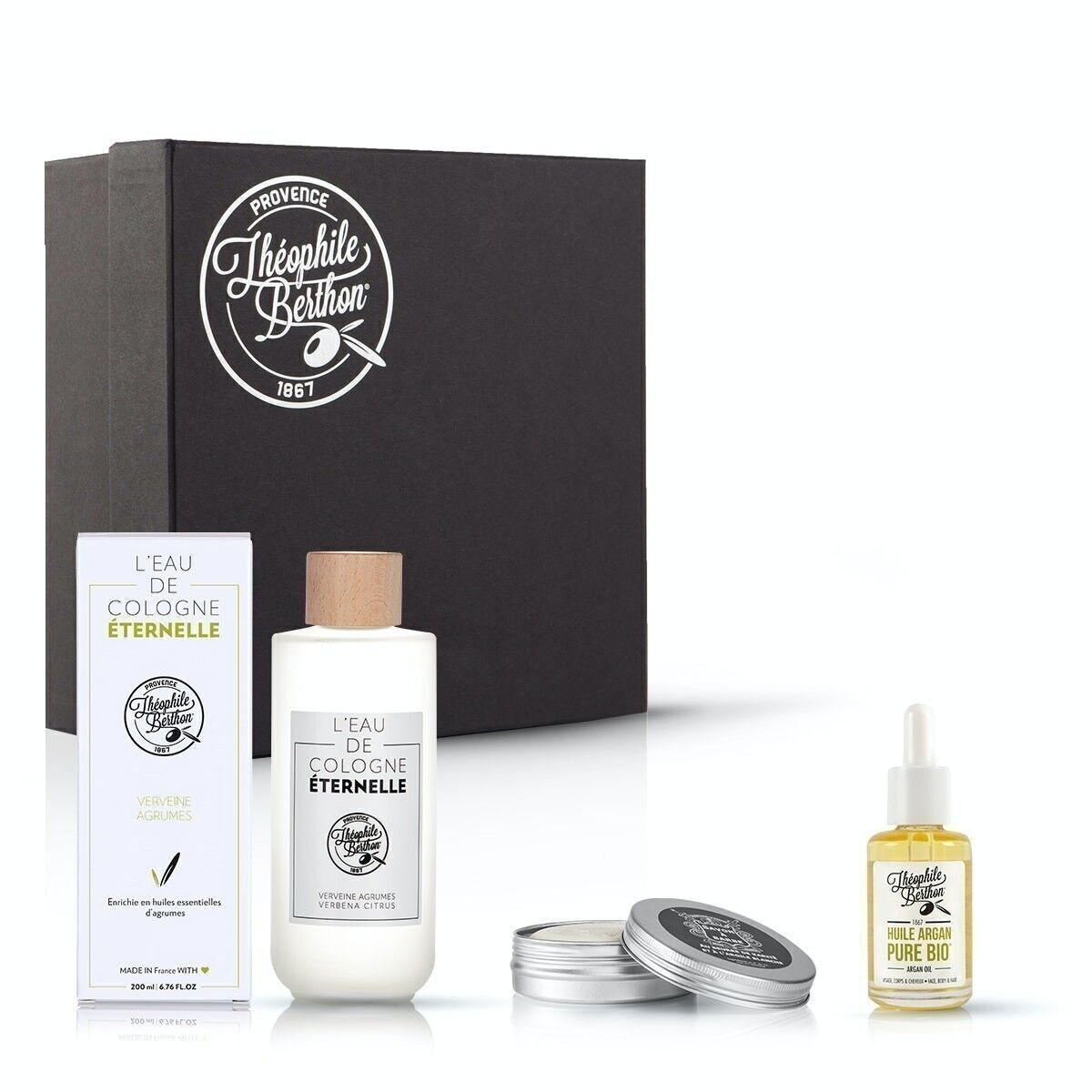 Coffret 3 soins Pour nos hommes - Eau de Cologne Verveine agrumes, Savon à barbe et Huile d'argan bio